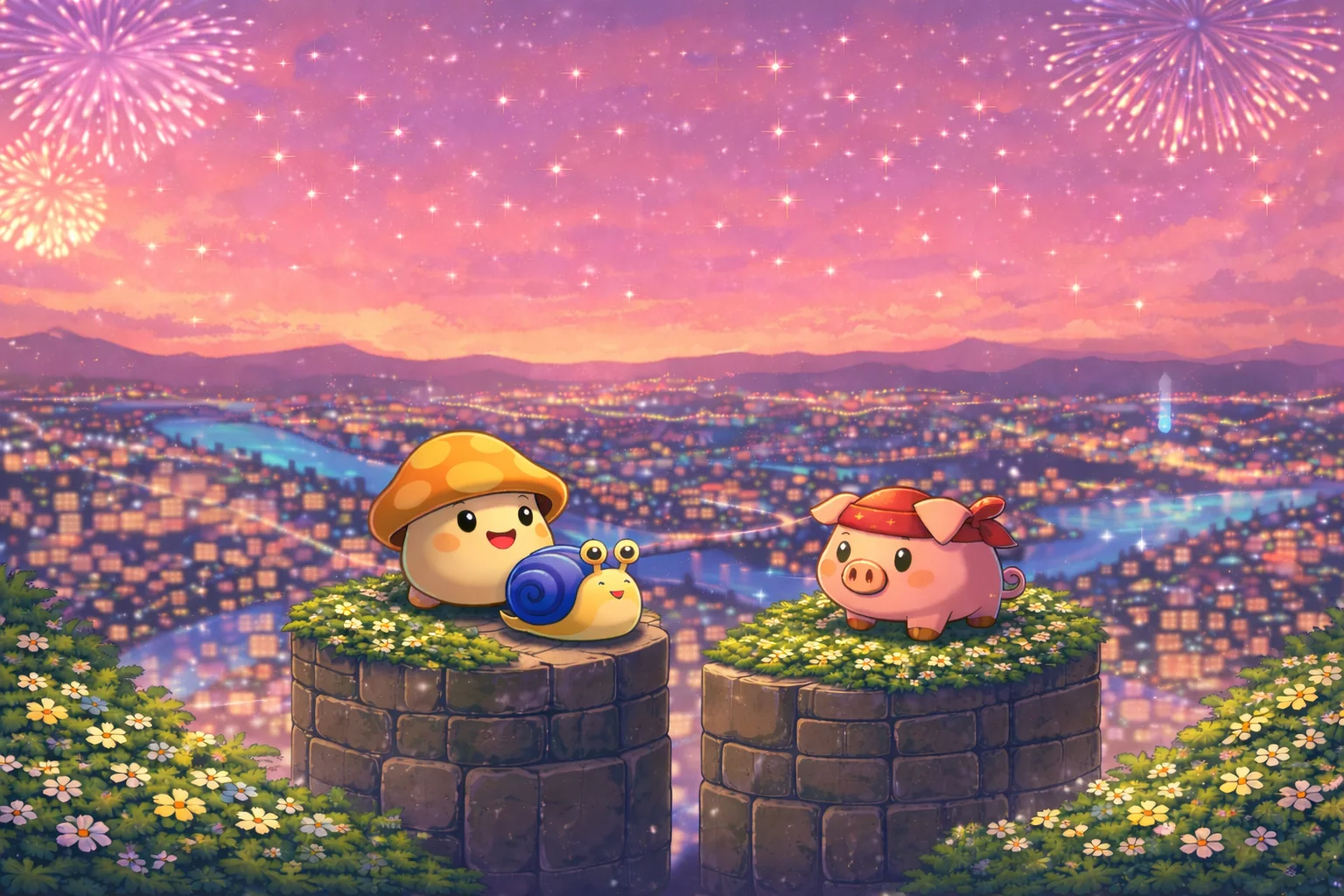 Jinbu's mushroom, snail and Ribbon Pig beneath a sky of fireworks